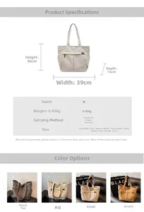 Detailed size guide for canvas tote bag with measurements and color specifications