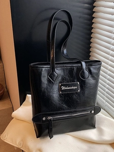 Women Large Capacity PU Leather Tote Bag Fashion Wrinkled Texture Shoulder Bag Metal Plate Zipper Decor Commuter Bag