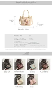 Guide des tailles du sac seau brodé en PU, dimensions 24x17x8cm, disponible en six coloris