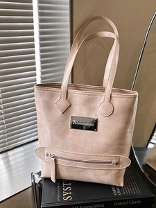 Chic beige embossed faux leather tote bag with silver plate and slim shoulder straps