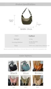 Detailed size specifications and color options for the lightweight nylon crossbody bag