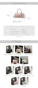 Detailed spec sheet showing PU crossbody bag dimensions and five color options with scarf