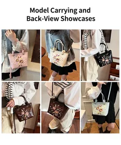 Vue détaillée du mannequin présentant six coloris de sacs seaux à broderie florale