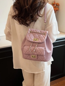 Chic lavender quilted leather backpack for women with gold chain accents and turn-lock