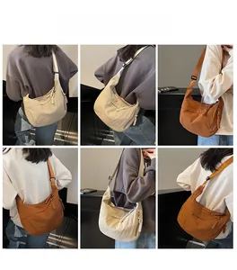 Detail shots showing beige and brown canvas crossbody bags with wide shoulder straps