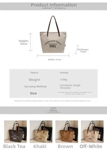 Detailed size chart and multi-color selection for large canvas tote bag with dimensions