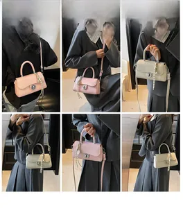 Multiple views of mini crossbody bag with metal twist lock and decorative scarf detail