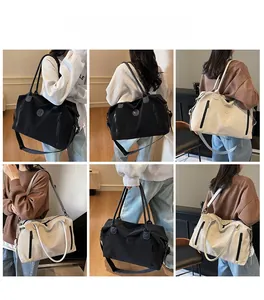 Detailed views of a large capacity canvas tote bag showing crossbody and hand-carry options