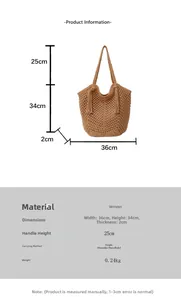 Detailed size specifications of the woven tote bag with 36x34x2cm dimensions and handle height