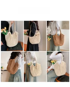 Detail shots of hand-woven crochet tote bags with tassels in cream and brown shades