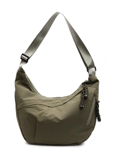 Minimalist olive green nylon crescent crossbody bag with adjustable strap and zipper
