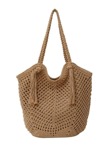 Chic beige crochet tote bag with decorative tassels and woven shoulder straps for summer