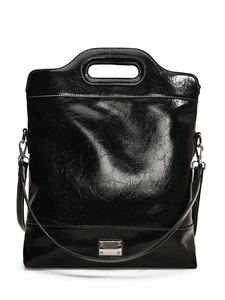 Black glossy bucket bag with retro wrinkled texture and versatile metal strap design