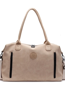 Large capacity beige travel duffel bag with dual zipper pockets and detachable strap