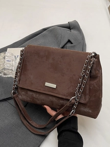 Women Vintage PU Leather Large Capacity Tote Bag Distressed Chain Shoulder Bag With Flap Crossbody Bag Commute Office Handbag