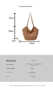 Detailed size chart for the brown hollow woven tote bag with 37x30x2cm dimensions