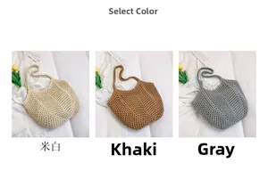 Three hand-woven hollow knit tote bags in beige, khaki and grey for beach summer vacation