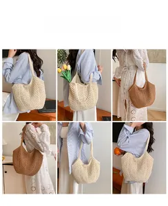 Detailed shots of beige and brown hollow woven tote bags for summer styling
