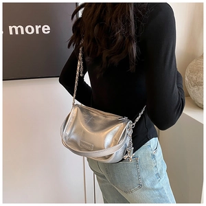 Detail of silver metallic handbag with silver chain strap and fashionable metal plate
