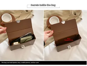 Detail showing internal capacity of the brown box bag with phone and wallet inside