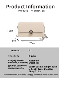 Detailed size chart and specifications for the beige crossbody box bag with metal chain