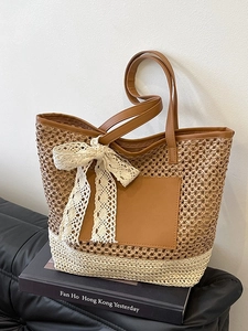 Sac Fourre-Tout en Paille Tissé pour Femmes avec Nœud en Dentelle et Bandoulière en Cuir PU Grande Capacité Sac de Plage