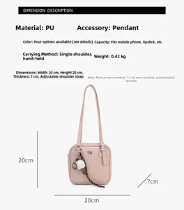 Detail view of pink PU shoulder bag with ice cream charm and size specifications
