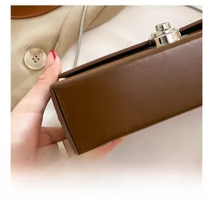 Close-up of brown leather crossbody box bag with silver metal lock and chain strap