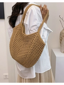 Handmade Crochet Straw Woven Tote Bag Women Hollow Large Capacity Summer Beach Holiday Shoulder Bag Casual Handbag