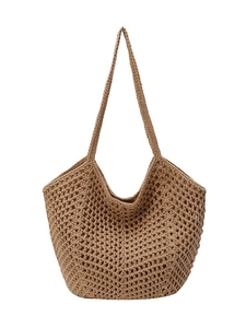 Handwoven khaki crochet tote bag with hollow diamond pattern for beach travel and vacations