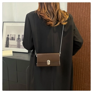 Detail view of dark brown mini crossbody bag with silver clasp and metal chain strap