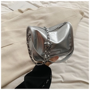 Detailed shot of silver metallic crossbody bag with textured finish and fashion logo