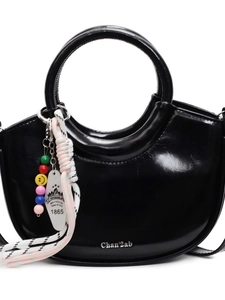 Glossy black semi-circular handbag with colorful beaded charms and round top handle