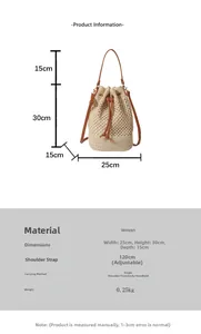 Detailed size chart for the woven bucket bag showing 25x30x15cm dimensions and strap length