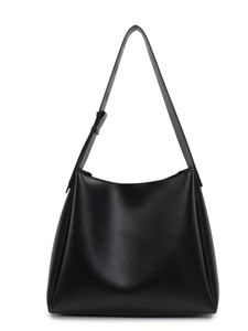 Minimalist black faux leather hobo bag with adjustable wide shoulder strap and matte finish