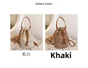 Detailed comparison of beige and khaki woven bucket bags with leather drawstring straps
