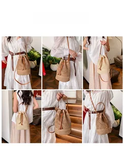 Detail of hand-woven straw bucket bags with leather drawstring closure and shoulder straps