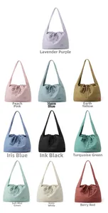 Matrix display of waterproof nylon tote bags in ten various trendy fashion colors