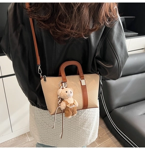Fashionable woven bucket bag with leather trim shown on a model in a modern interior