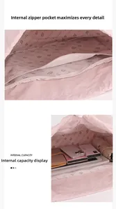 Detailed interior of a pink nylon tote bag showing a zipper pocket and large capacity