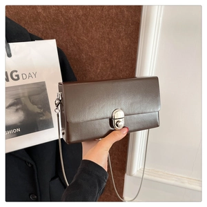 Detail of dark brown glossy leather box bag with silver oval twist lock and chain strap
