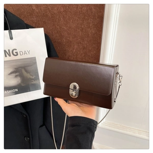 Detail of dark brown leather crossbody box bag with silver twist lock and chain strap