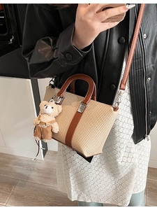 Fashion Women Woven PU Leather Bucket Bag With Bear Charm Casual Shoulder Crossbody Bag Versatile Top Handle Tote Bag