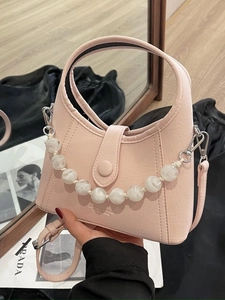 Pale pink beaded handbag with marble acrylic chain and silver metal clasp