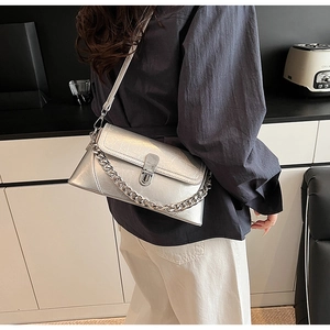 Detail of silver metallic crossbody bag with crocodile pattern and silver chain strap