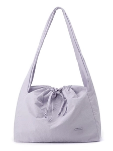 Fashionable lilac nylon tote bag with drawstring closure and wide shoulder strap