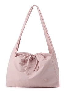 Pink waterproof nylon shoulder bag with drawstring closure and large capacity casual style