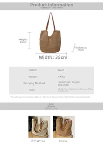 Detail view of woven tote bag dimensions with brown leather straps and knitted yarn texture