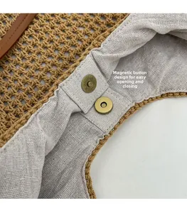Close-up of magnetic snap closure and durable linen lining on woven tote bag