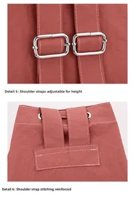 Detail of adjustable straps and reinforced stitching on the mauve nylon backpack